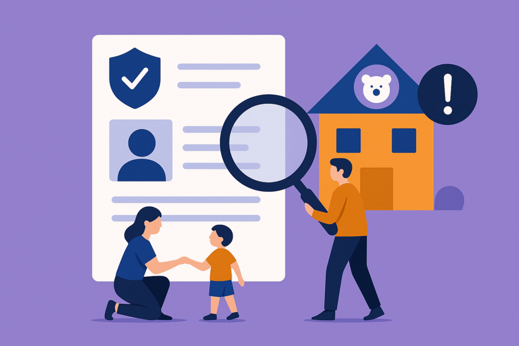 Illustration of a man examining a background check document with a magnifying glass near a childcare building, while a woman kneels to greet a young child—symbolizing enhanced background screening in childcare settings.